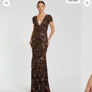 Mac Duggal Brown Beaded Embellished V Neck Cap Sleeve Column Gown